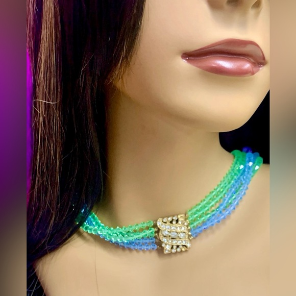 Vintage Blue & Green Glass Faceted Bead Multi-Strand Choker Collar Necklace - Picture 5 of 11